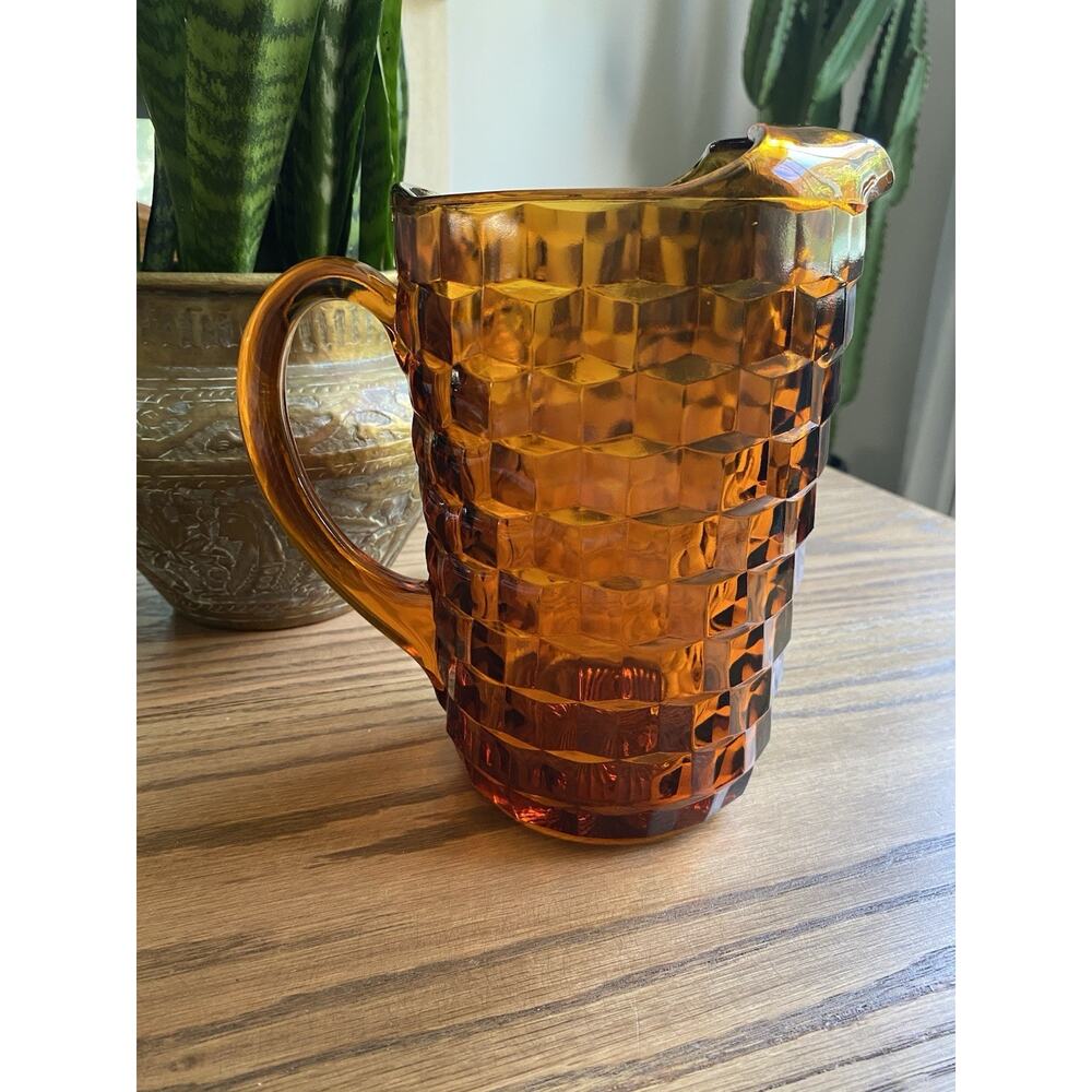 Vintage Indiana Glass Amber Cubist Colony Whitehall Pitcher Amber Glass Pitcher